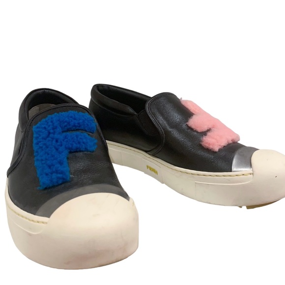 Fendi Black Leather Shearling Fur Slip On Sneakers Size 38.5 - Picture 2 of 6